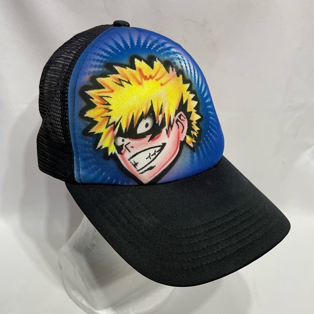 KATSUKI BAKUGO Trucker Hat Airbrushed Kacchan Face Black Blue Adult O/S Snapbac